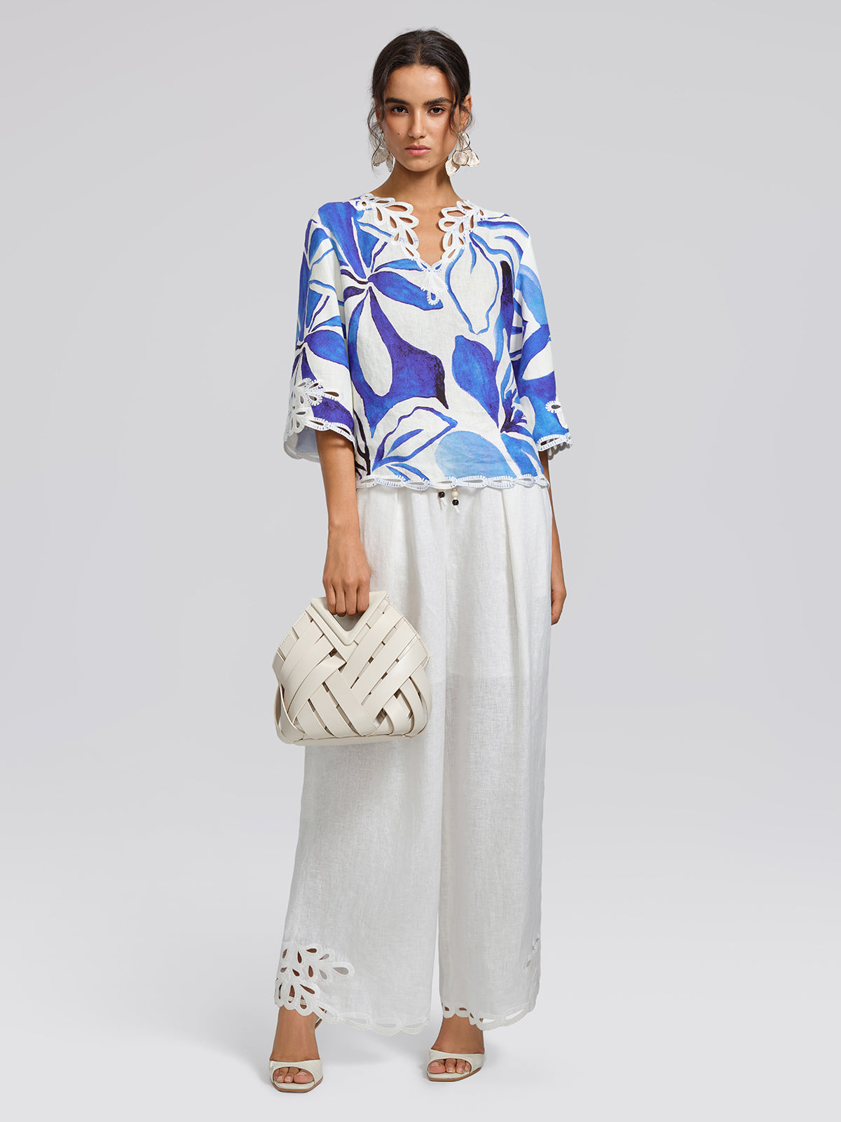 Linen Cutout Embroidered Straight-Leg Pants
