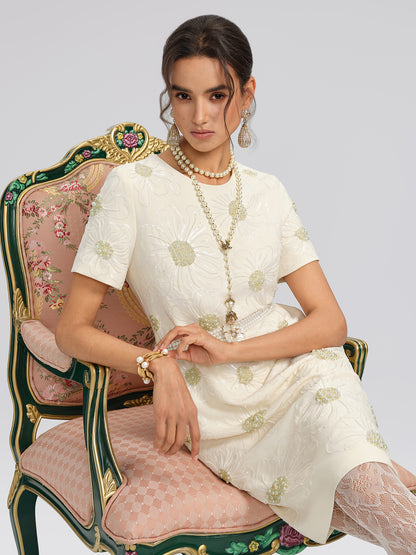 Floral Embroidery Hand-Beaded Dress (Belt Not Included)