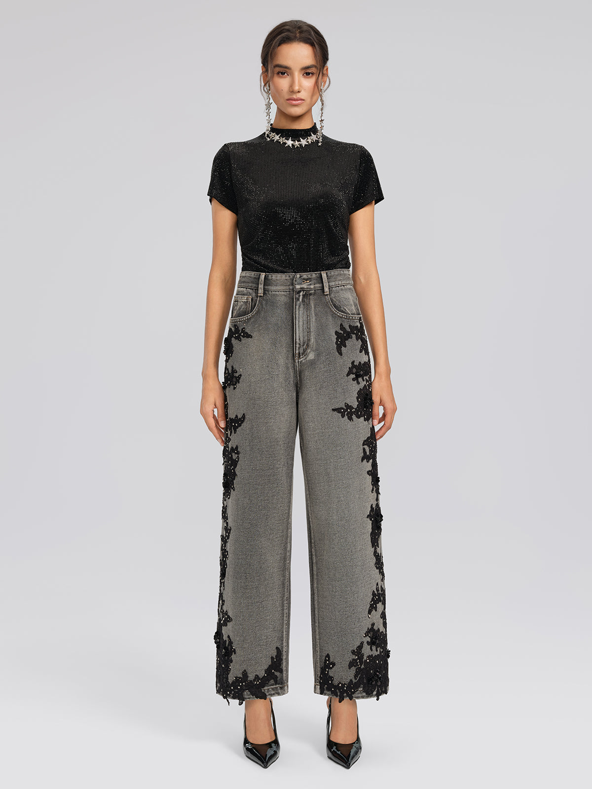 Lace Rhinestone Floral Washed Pants