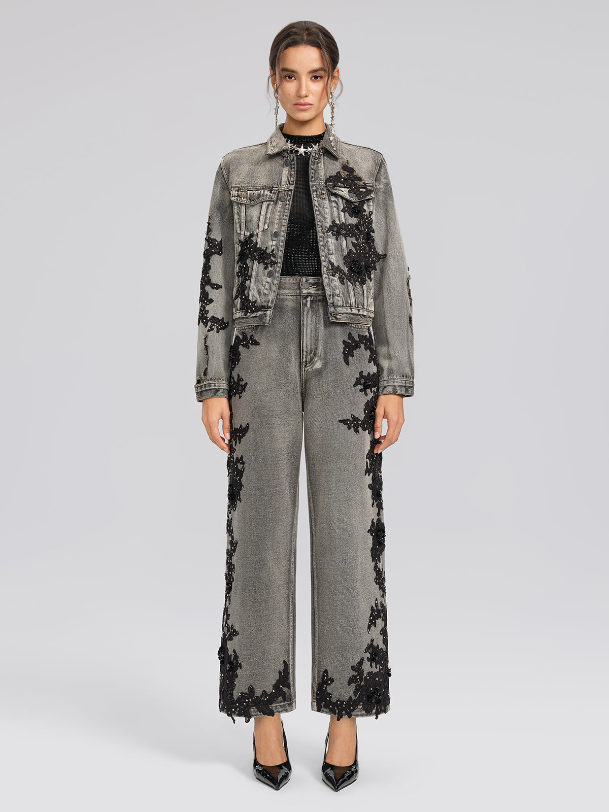 Lace Rhinestone Floral Washed Jacket