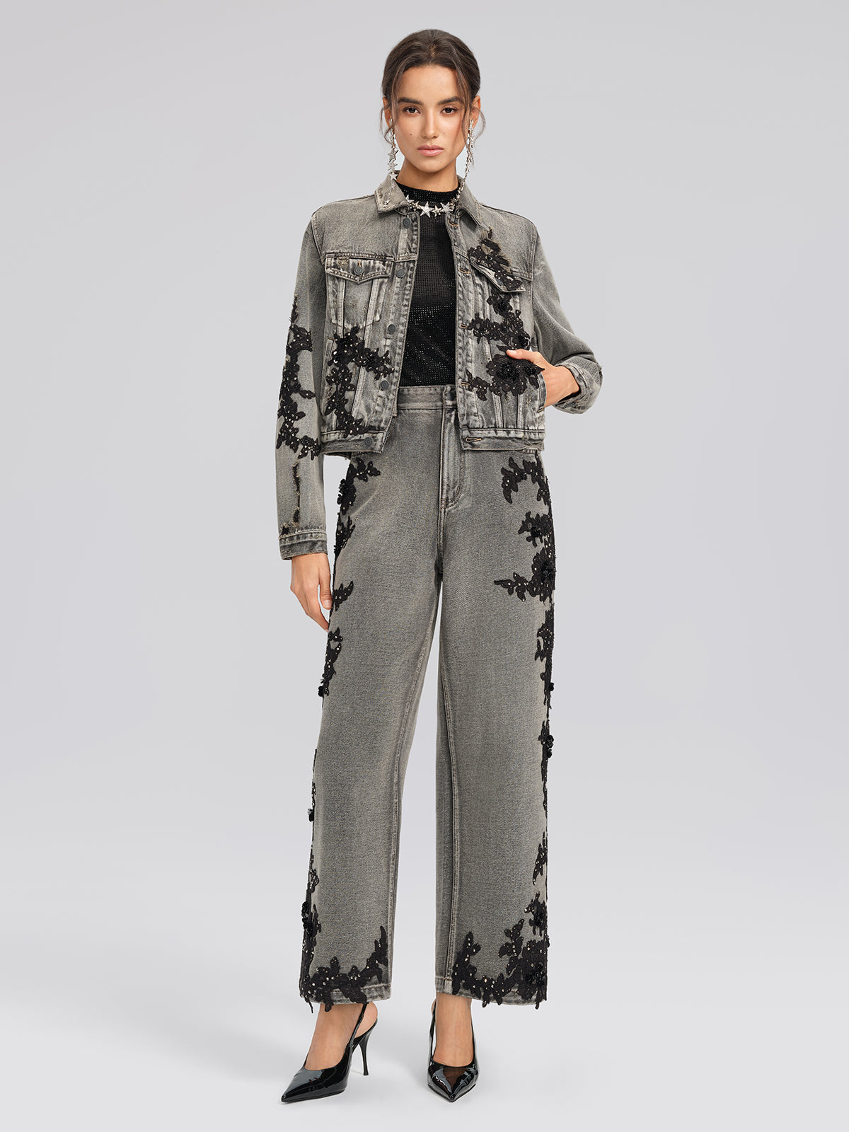 Lace Rhinestone Floral Washed Jacket