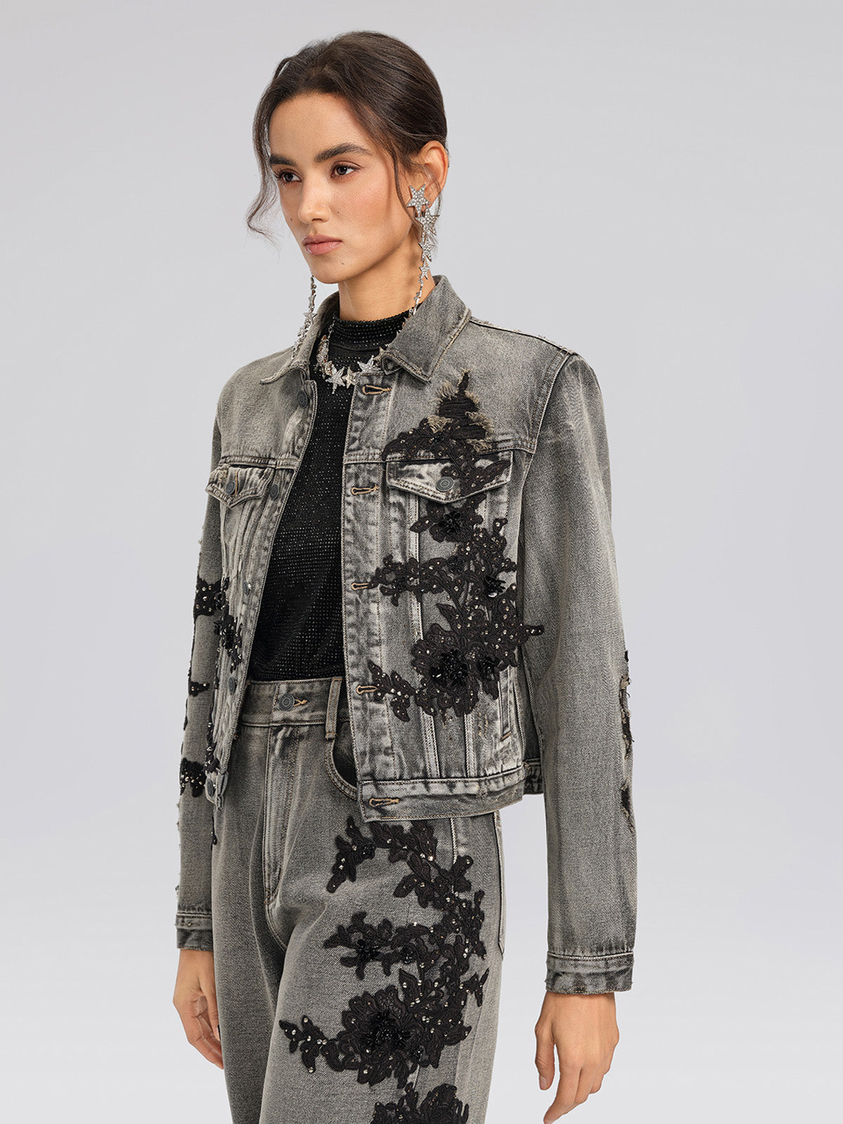 Lace Rhinestone Floral Washed Jacket