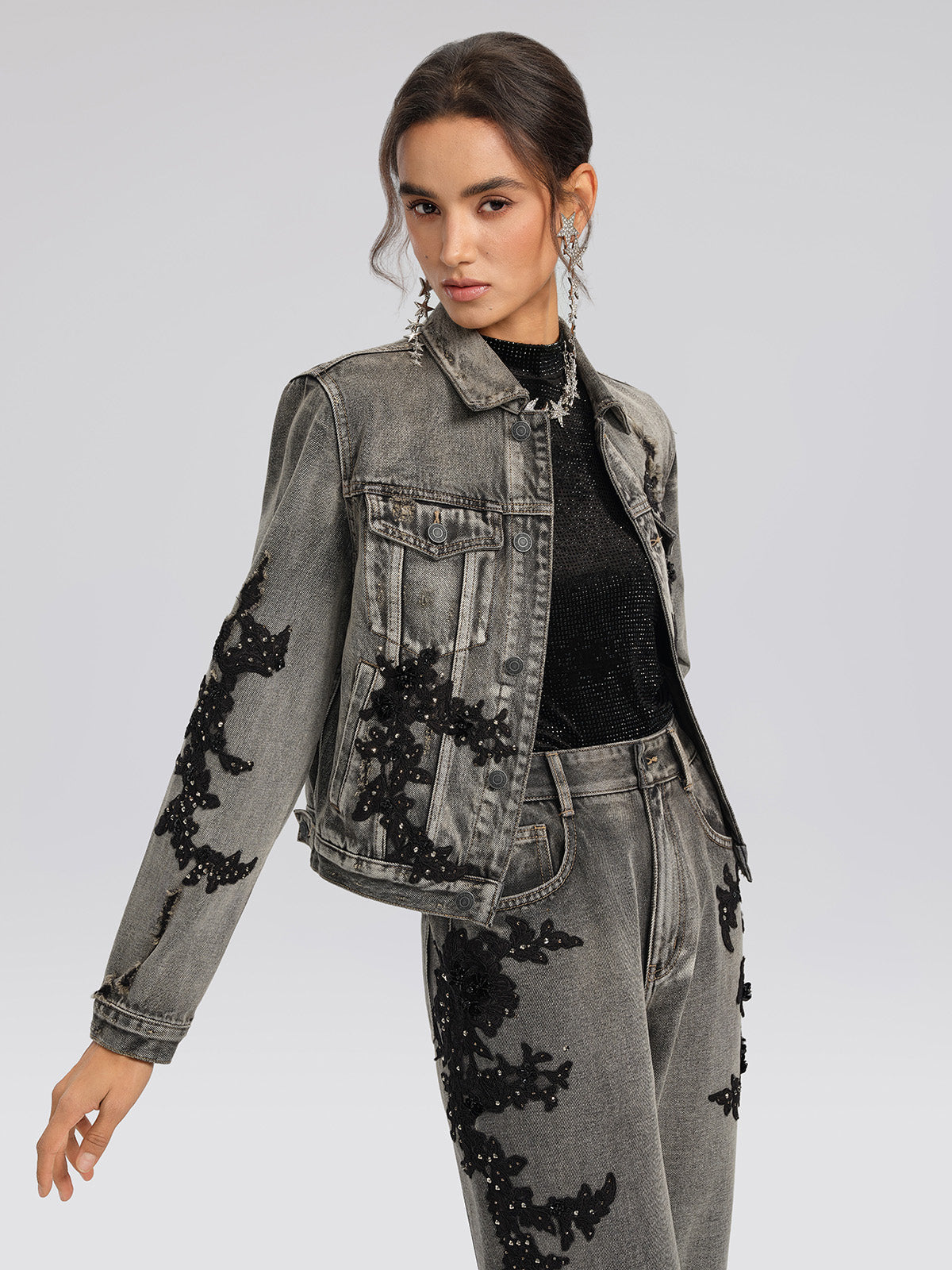 Lace Rhinestone Floral Washed Jacket