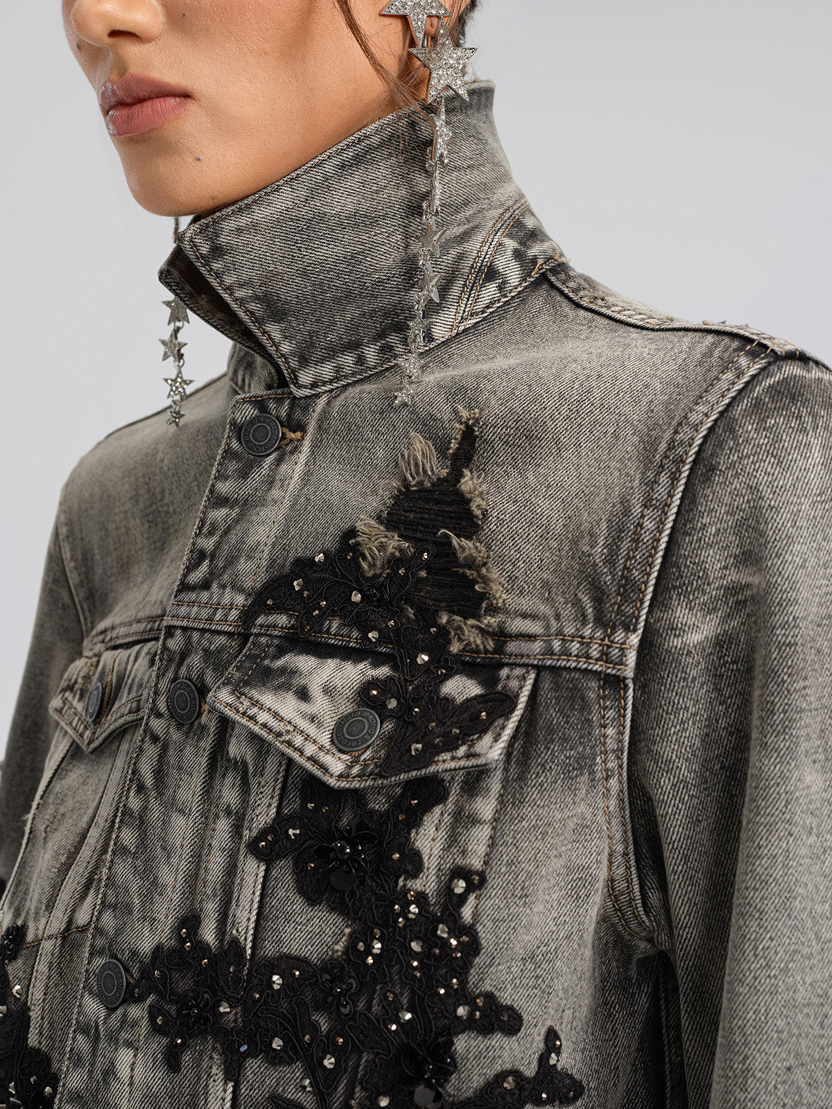 Lace Rhinestone Floral Washed Jacket