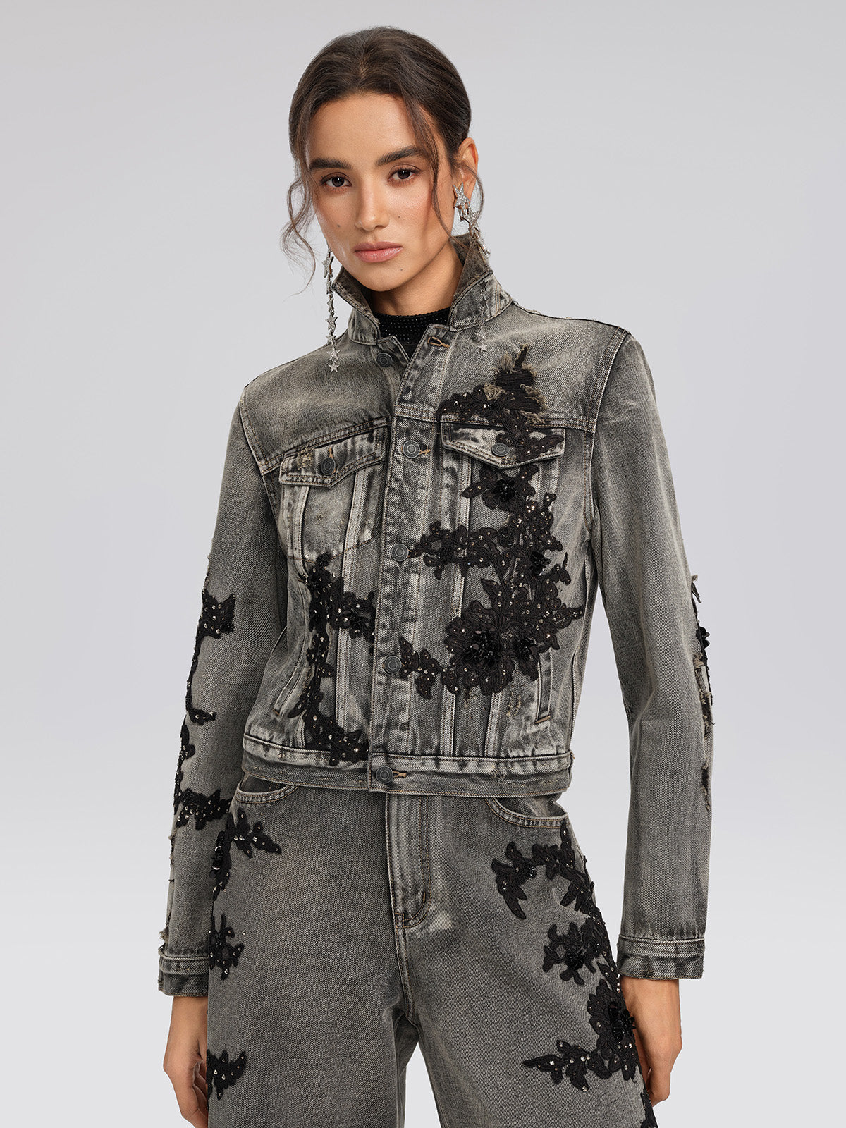 Lace Rhinestone Floral Washed Jacket