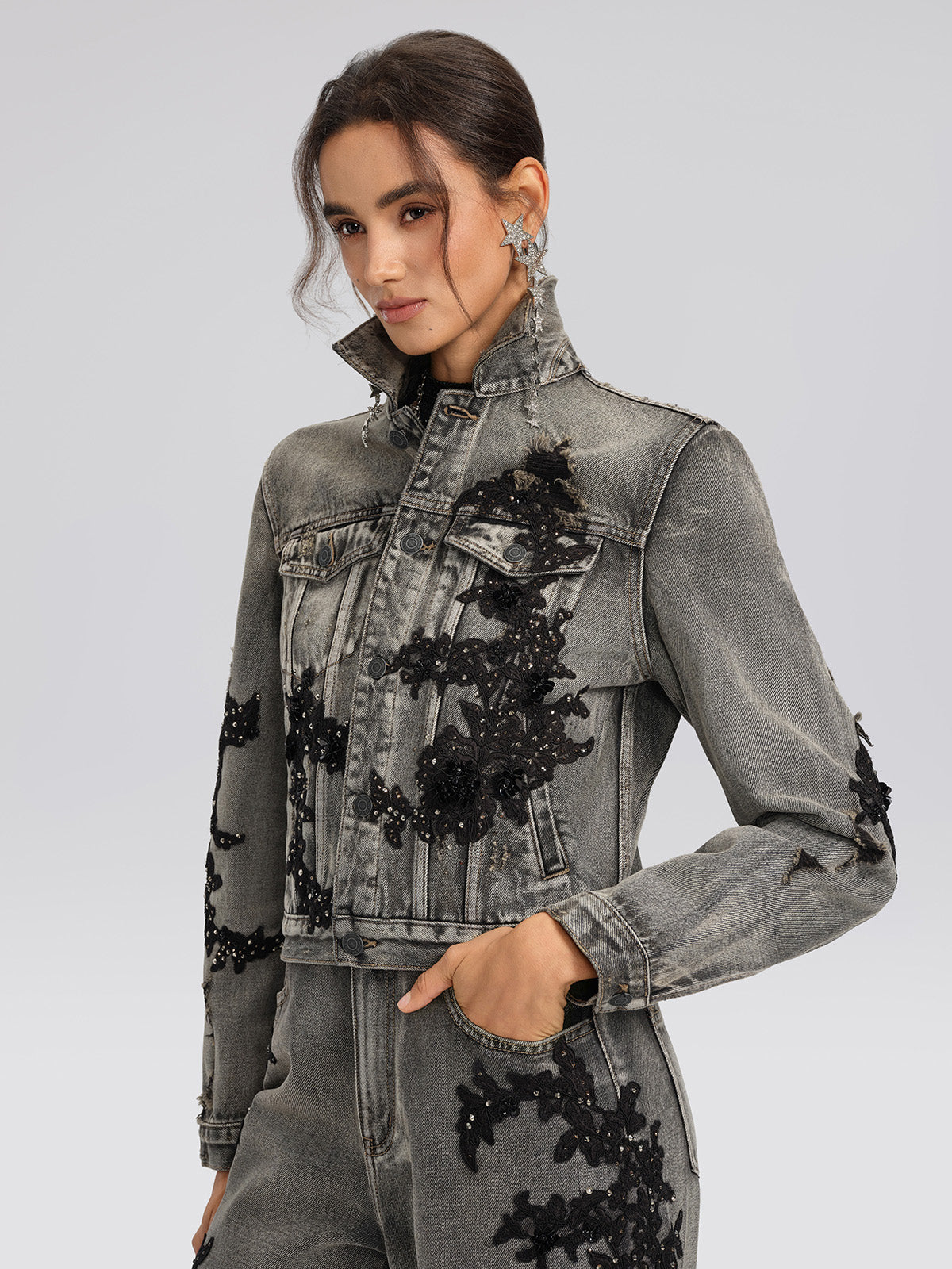 Lace Rhinestone Floral Washed Jacket