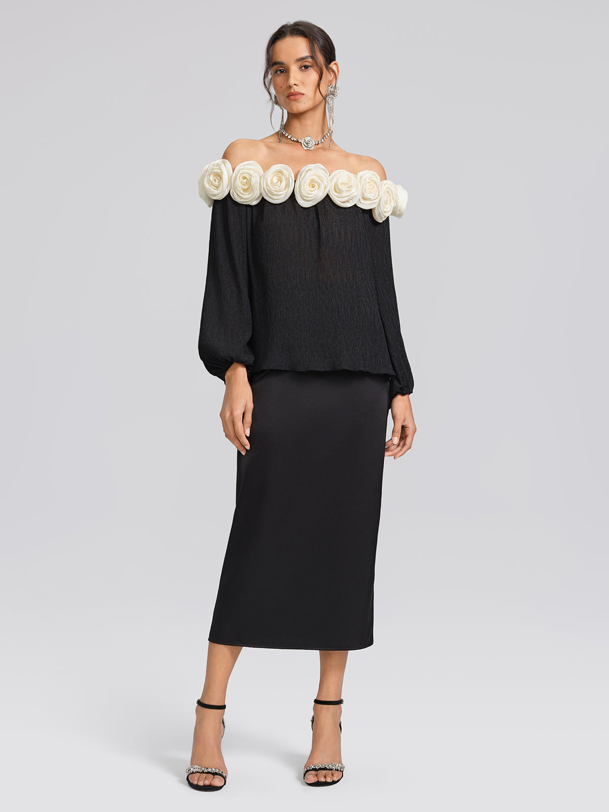 Pleated Off-Shoulder Floral Blouse