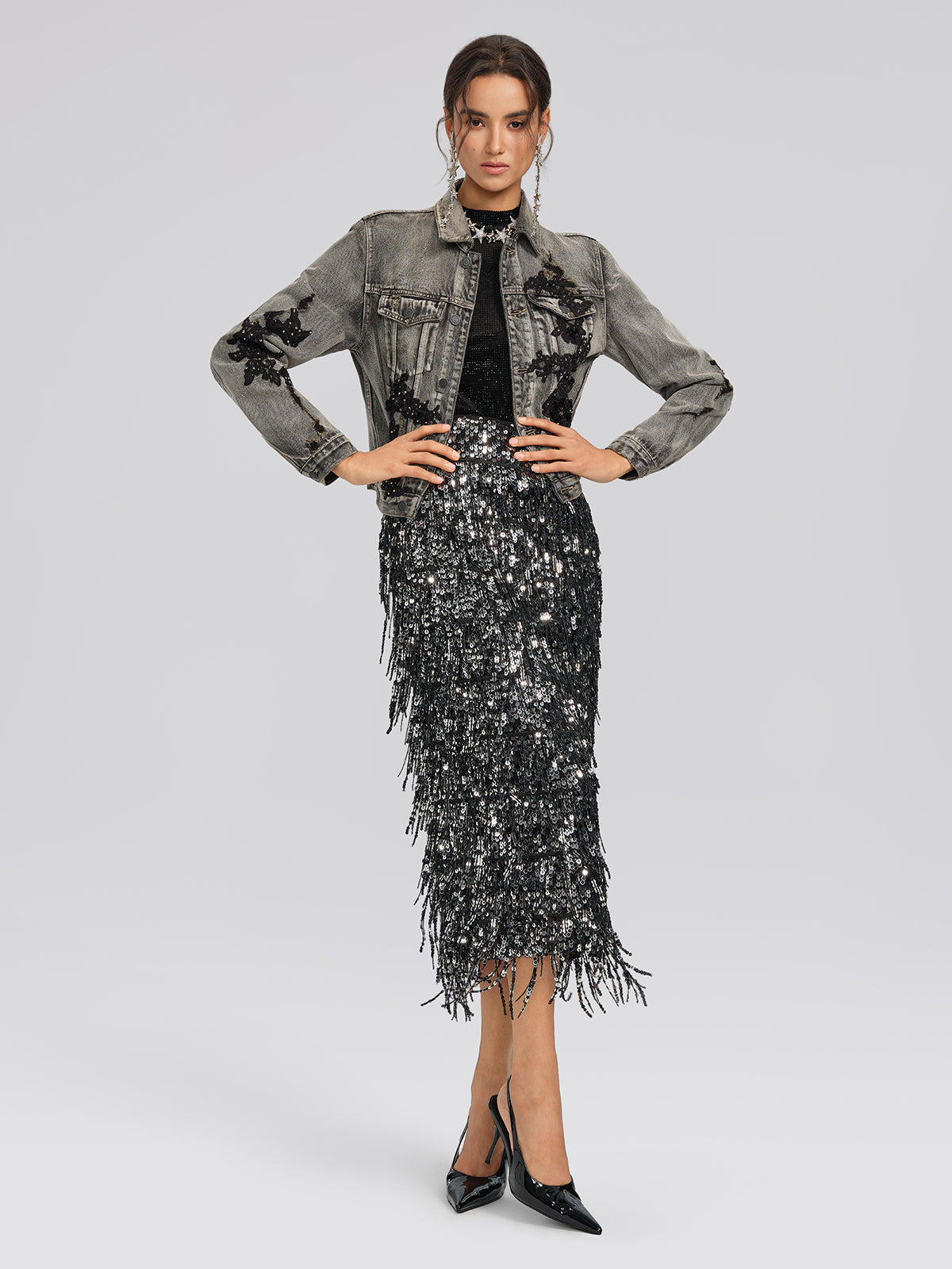 Lace Rhinestone Floral Washed Jacket