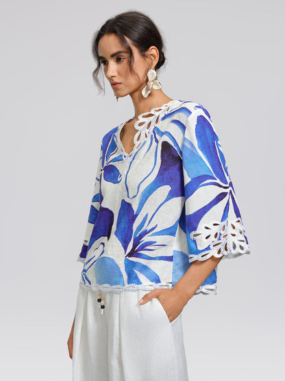 100% Linen Hand-Drawn Resort Print Embroidered Top