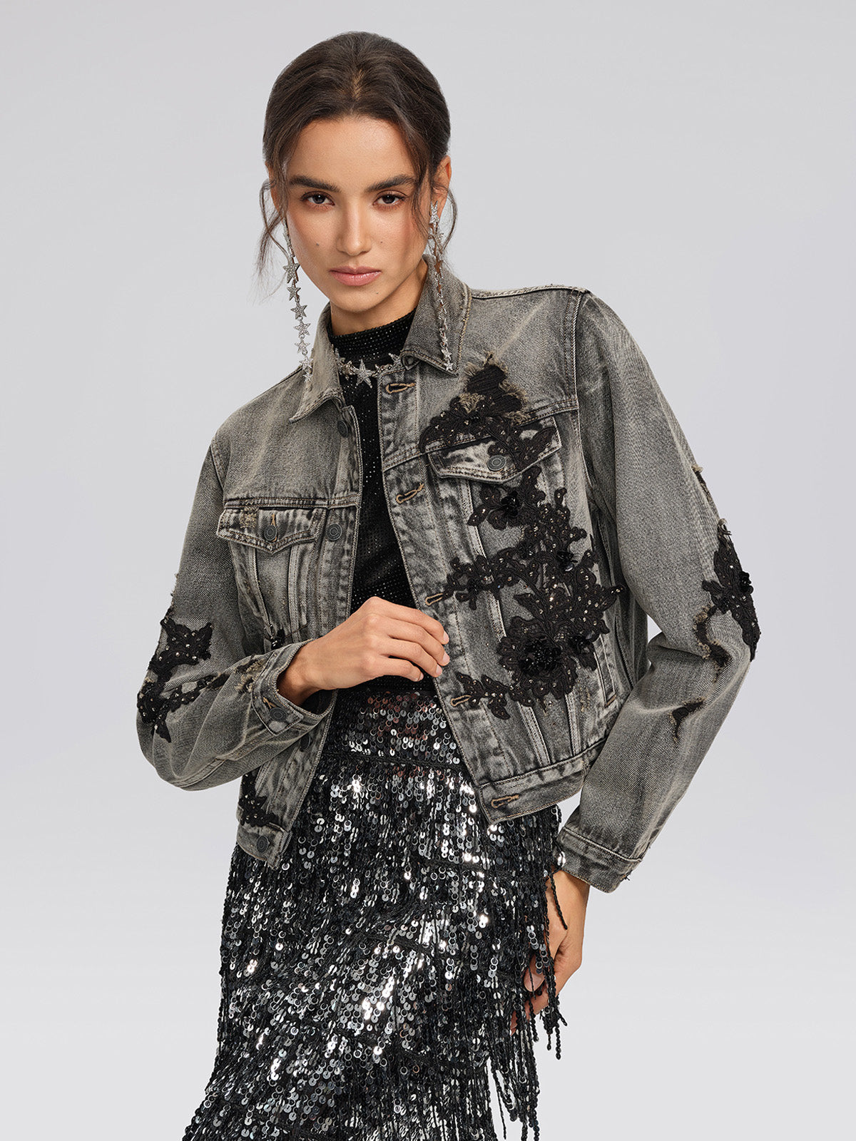 Lace Rhinestone Floral Washed Jacket