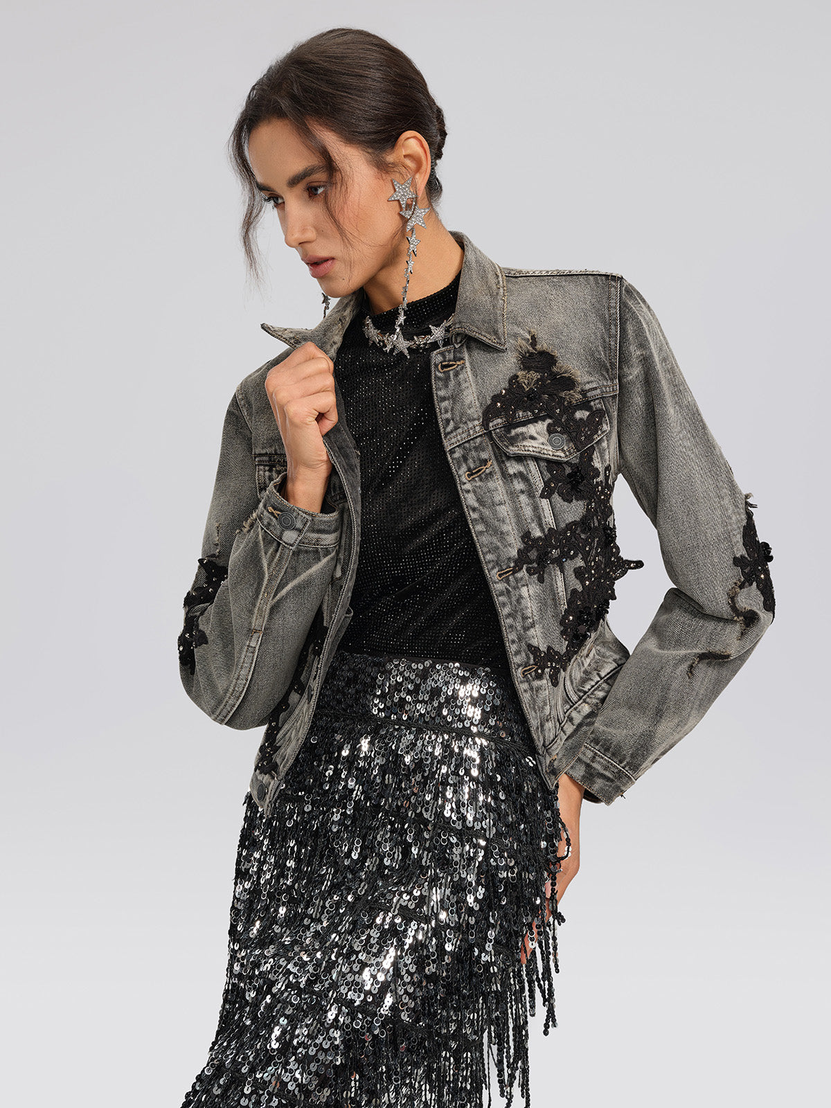 Lace Rhinestone Floral Washed Jacket