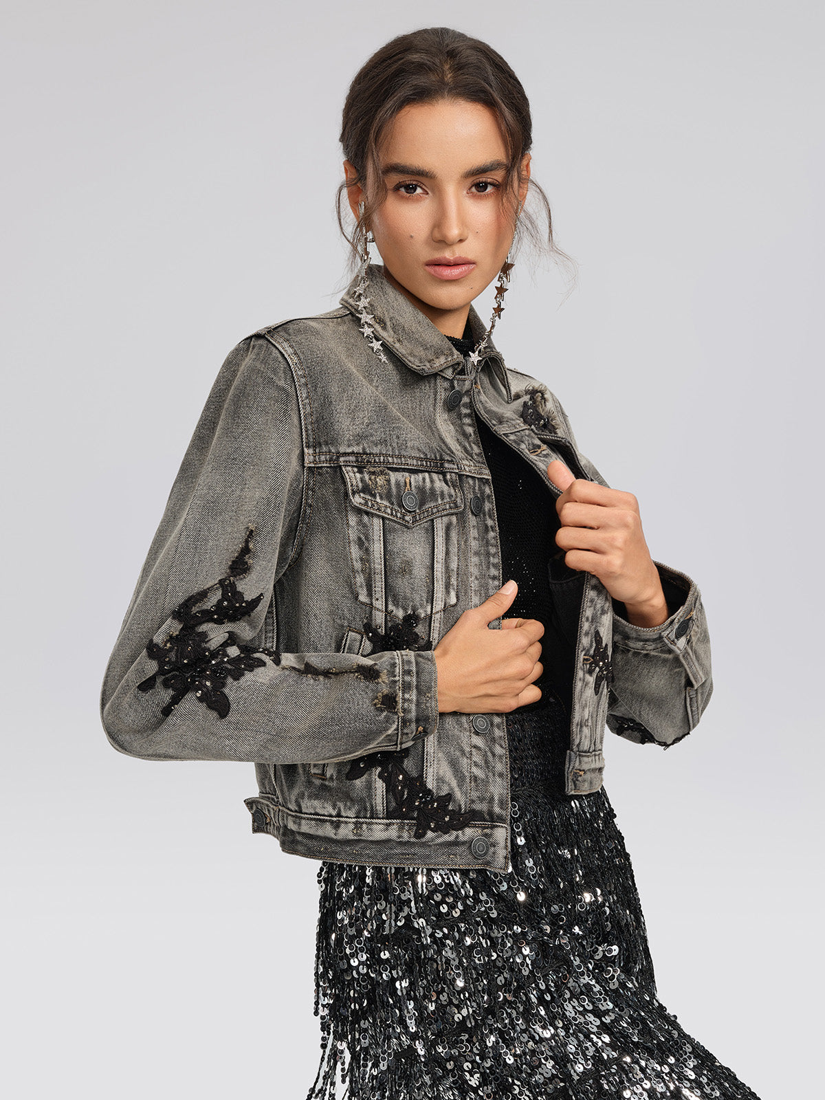 Lace Rhinestone Floral Washed Jacket