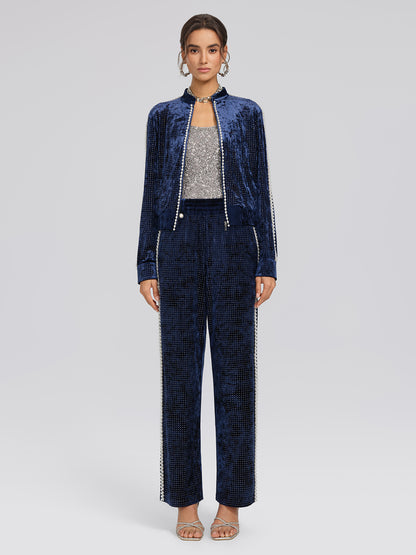 Hand-Beaded Pearl Rhinestone Velvet Pants