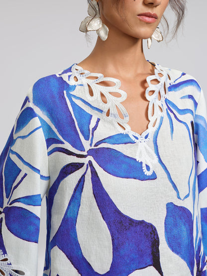 100% Linen Hand-Drawn Resort Print Embroidered Top