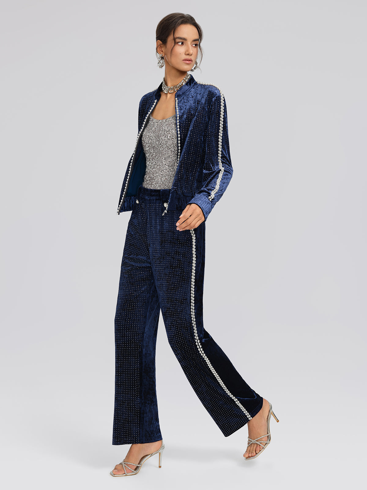 Hand-Beaded Pearl Rhinestone Velvet Jacket