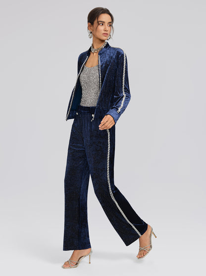Hand-Beaded Pearl Rhinestone Velvet Pants