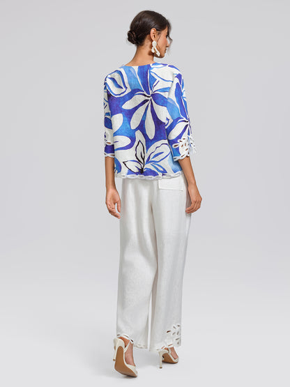 100% Linen Hand-Drawn Resort Print Embroidered Top