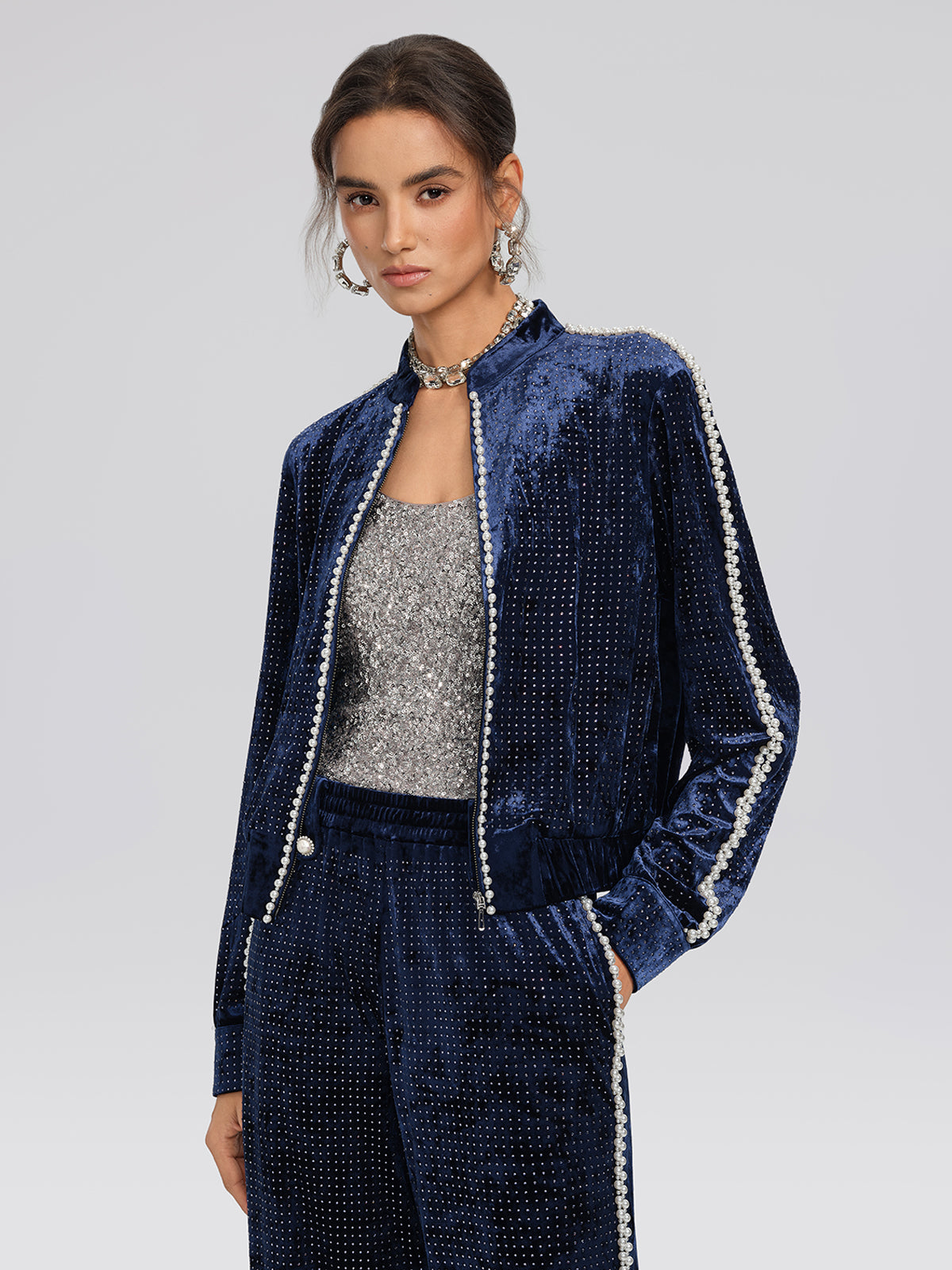 Hand-Beaded Pearl Rhinestone Velvet Jacket