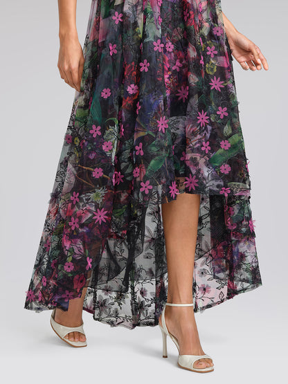 Floral Print Tulle Halter Neck Maxi Dress