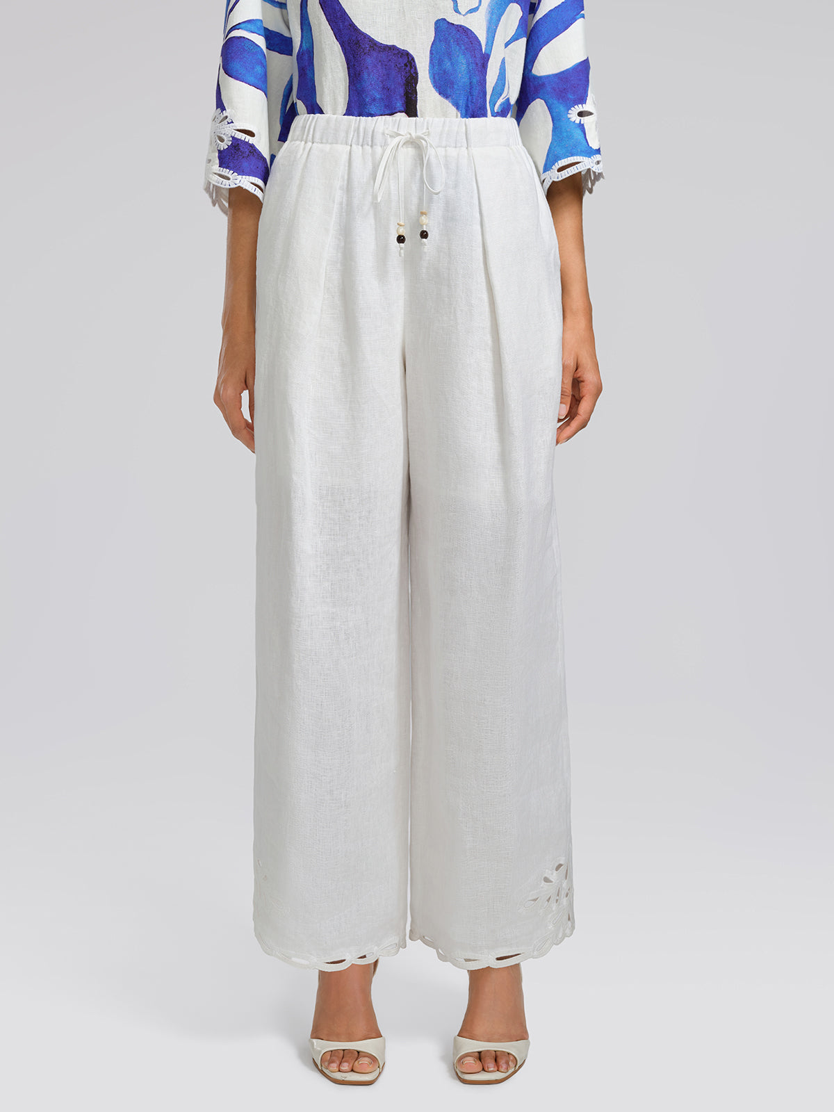 Linen Cutout Embroidered Straight-Leg Pants