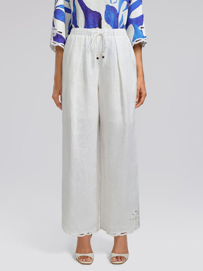 Linen Cutout Embroidered Straight-Leg Pants