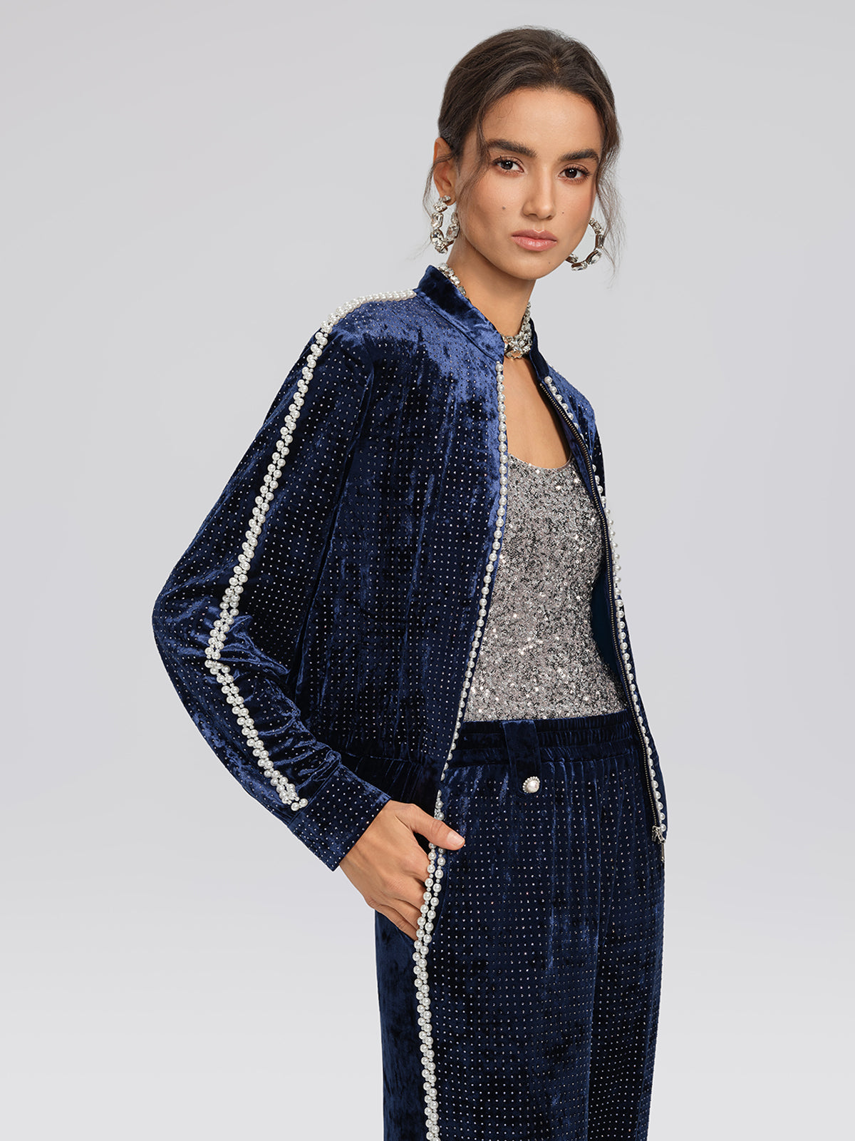 Hand-Beaded Pearl Rhinestone Velvet Jacket
