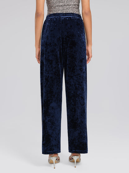 Hand-Beaded Pearl Rhinestone Velvet Pants