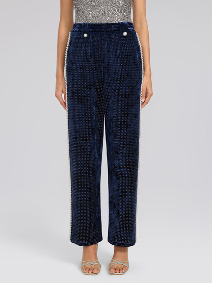 Hand-Beaded Pearl Rhinestone Velvet Pants