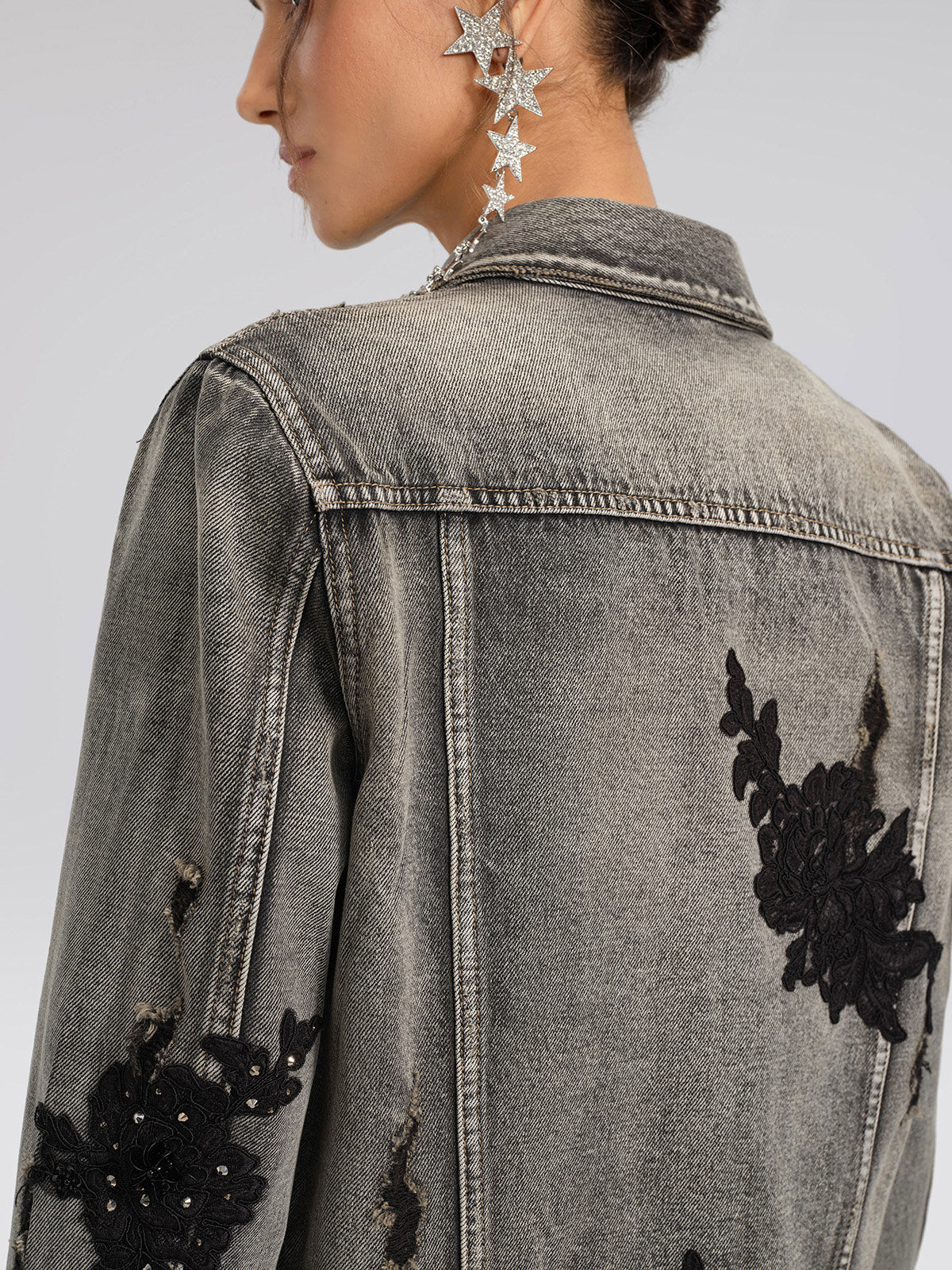 Lace Rhinestone Floral Washed Jacket