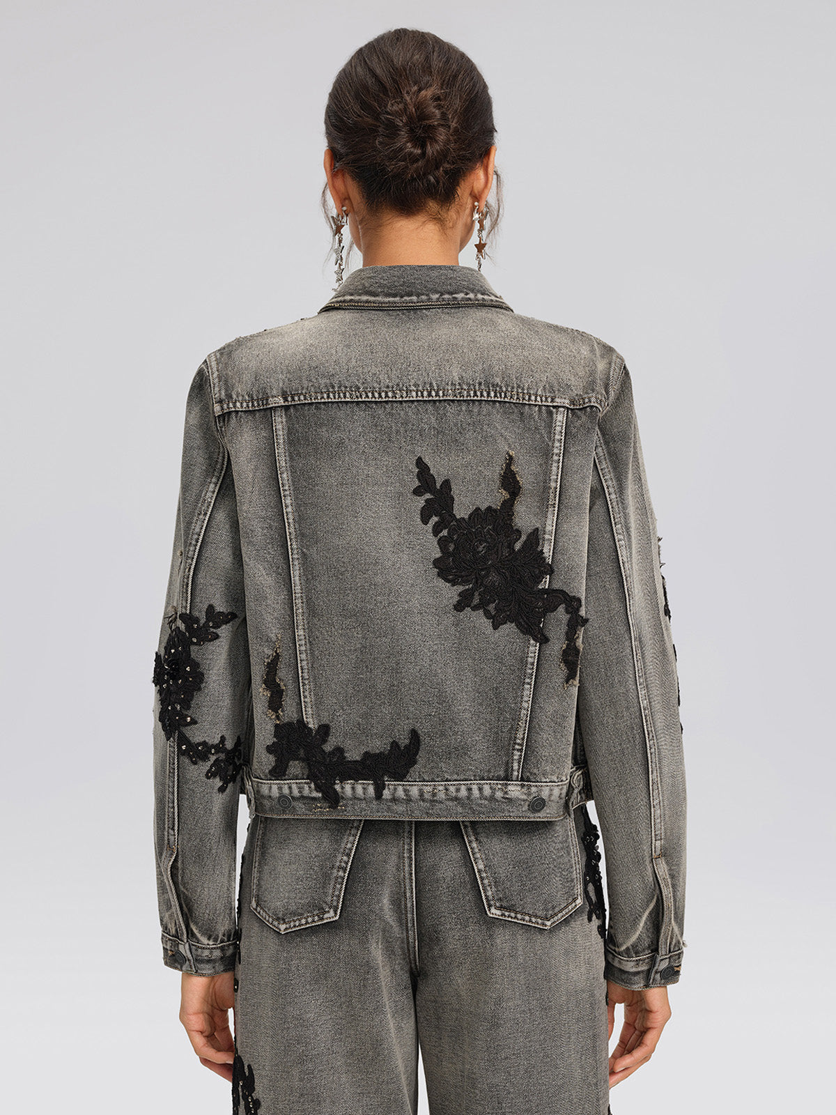 Lace Rhinestone Floral Washed Jacket