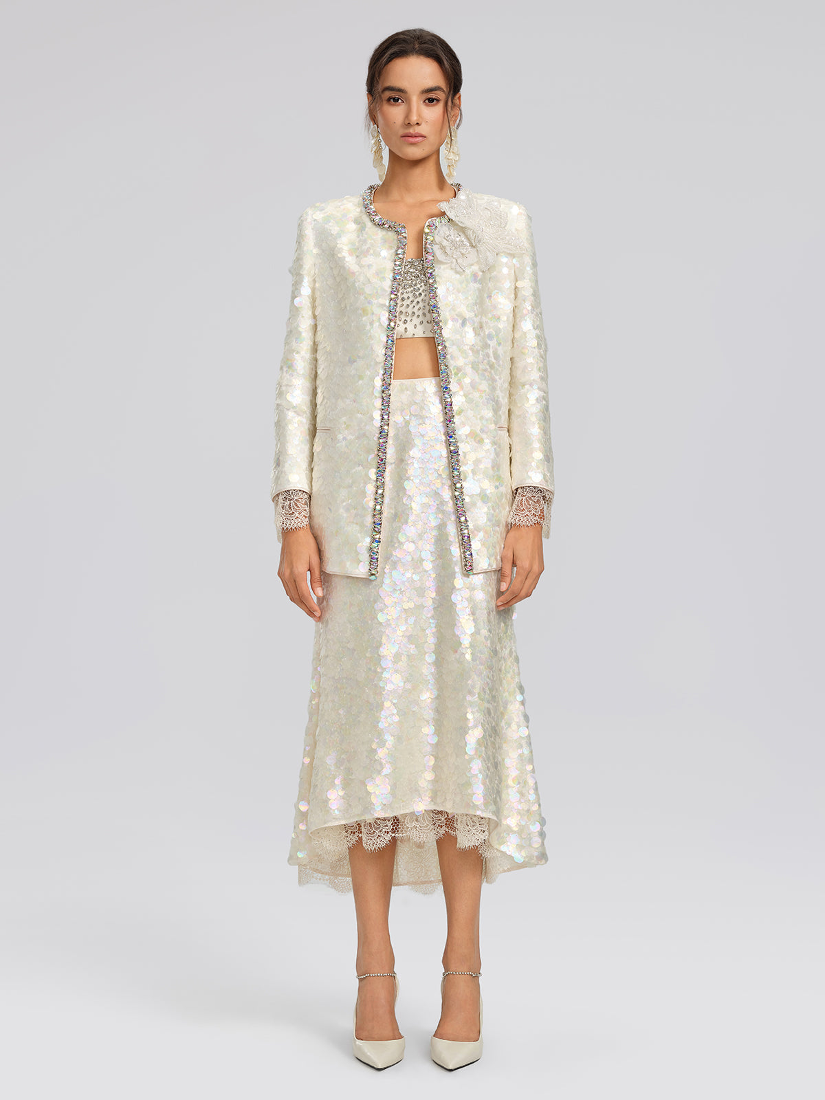 Iridescent Sequin Hand-Beaded Jacket (Detachable Flower Included)