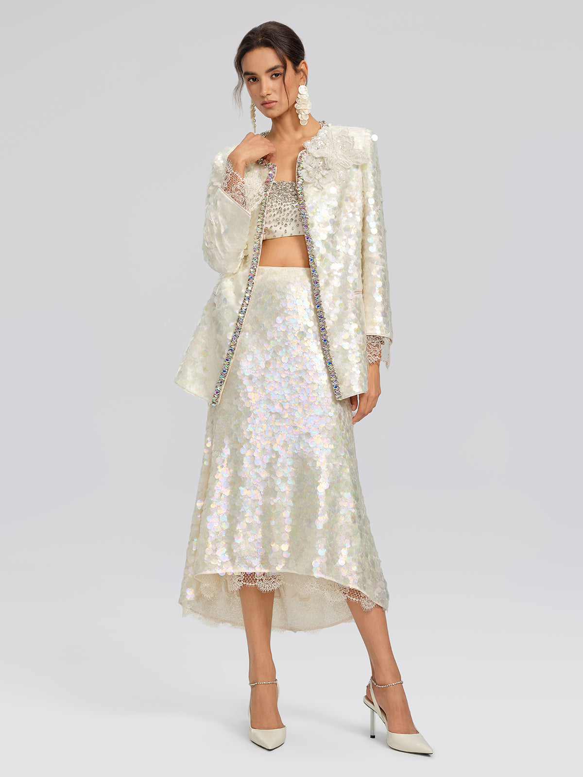 Iridescent Sequin Hand-Beaded Jacket (Detachable Flower Included)