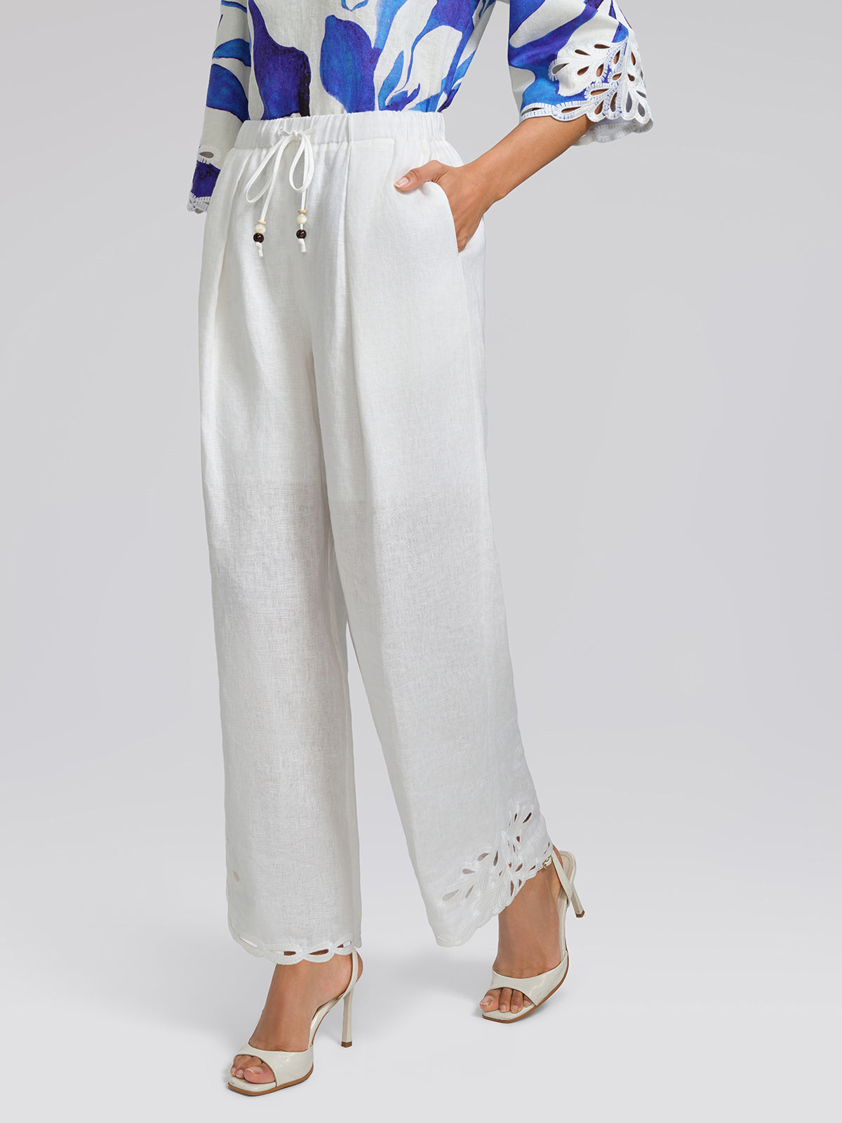 Linen Cutout Embroidered Straight-Leg Pants