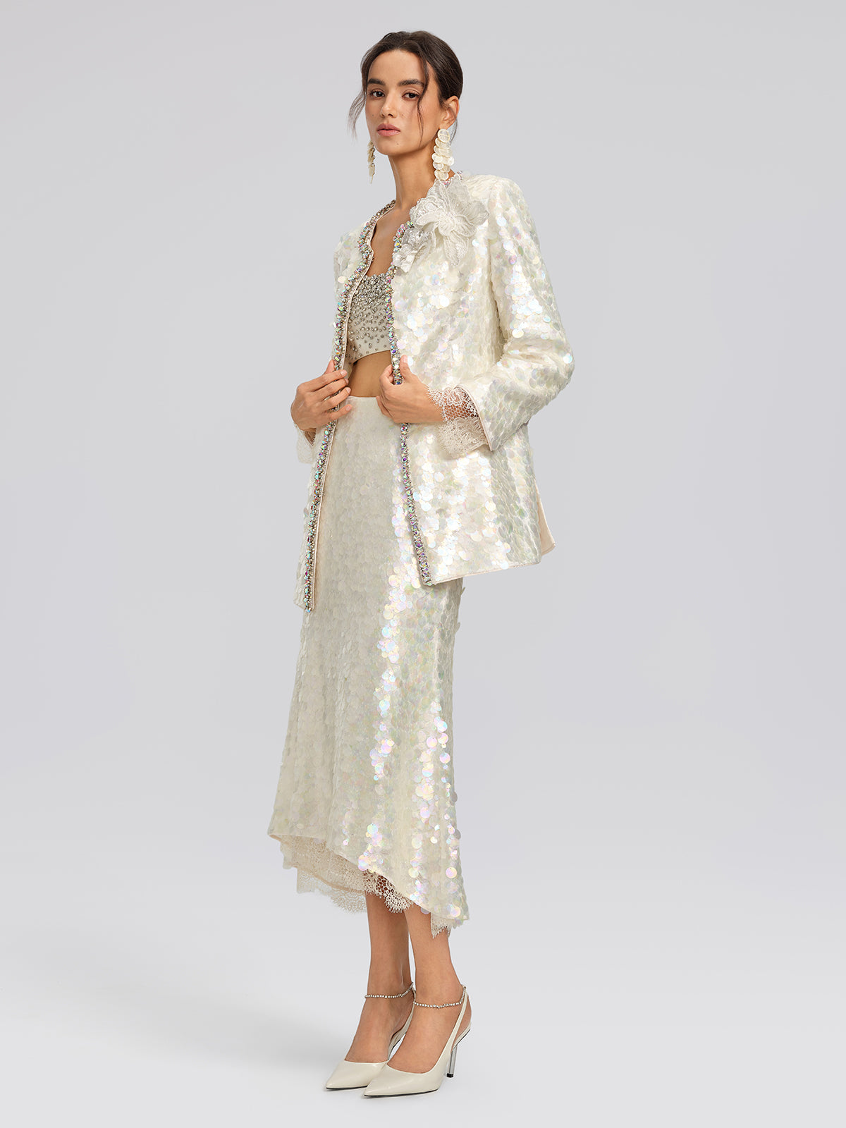 Iridescent Sequin Hand-Beaded Jacket (Detachable Flower Included)