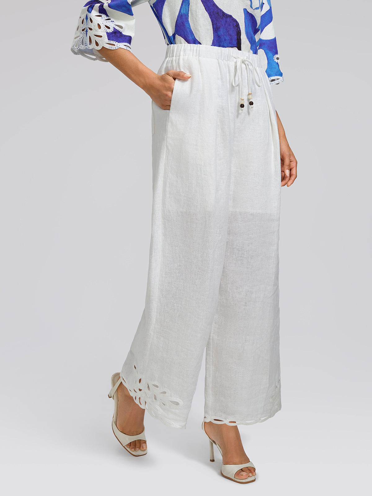 Linen Cutout Embroidered Straight-Leg Pants