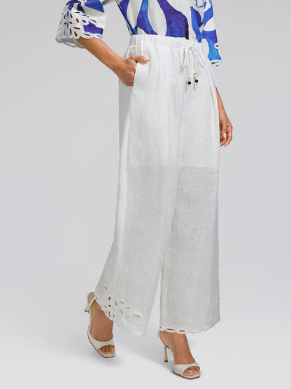 Linen Cutout Embroidered Straight-Leg Pants