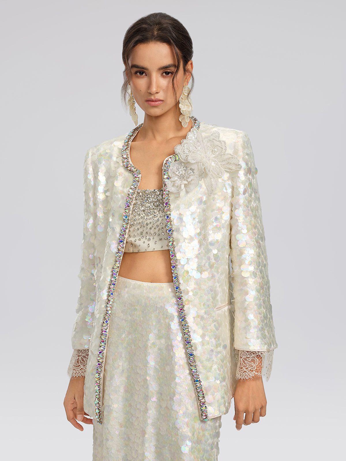 Iridescent Sequin Hand-Beaded Jacket (Detachable Flower Included)