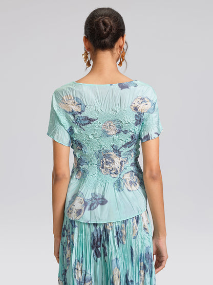 Floral Pleated Short-Sleeve Top & Skirt Set
