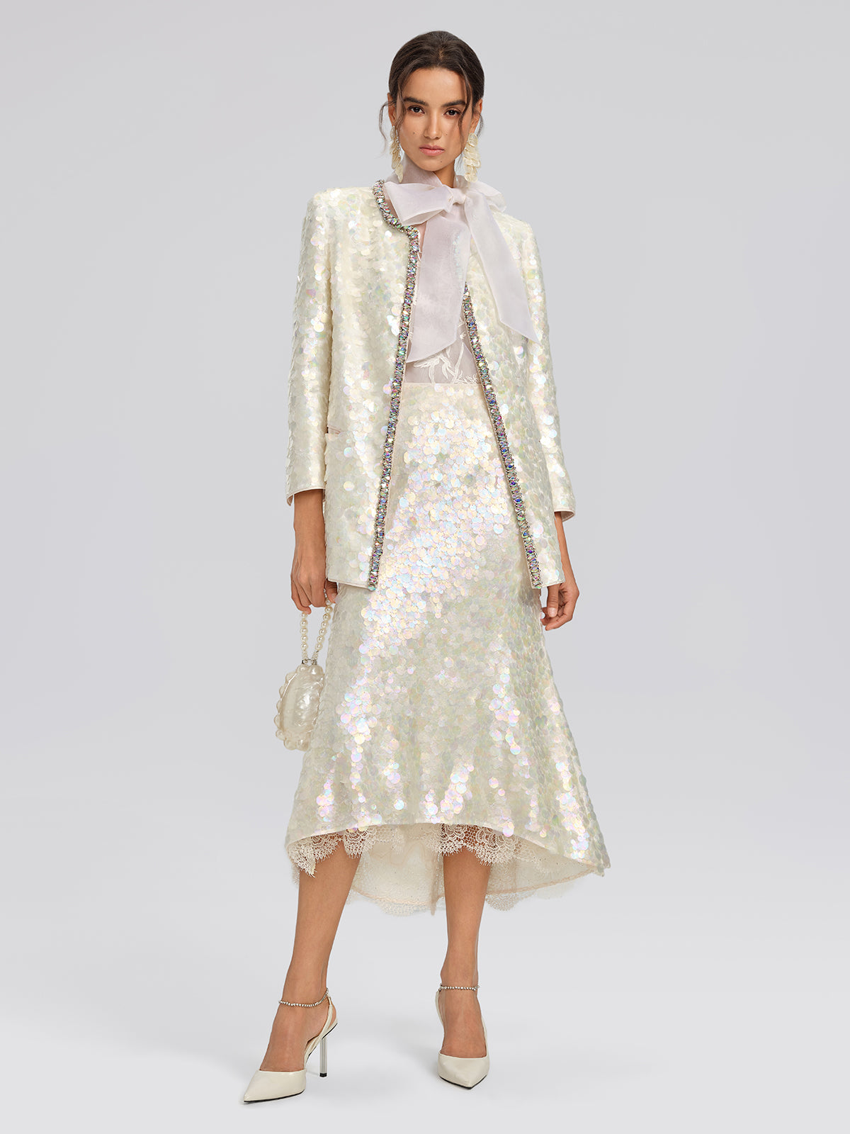 Iridescent Sequin Hand-Beaded Jacket (Detachable Flower Included)