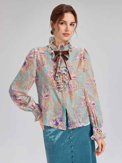 Silk Velvet Devoré Ribbon Bow Ruffle Blouse