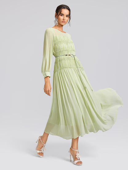 Smocked Pleated Dress (Belt Included)