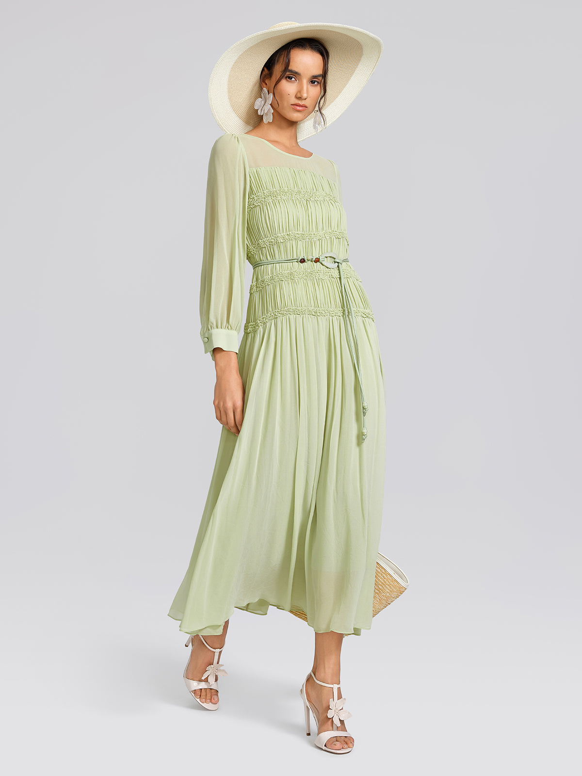 Smocked Pleated Dress (Belt Included)