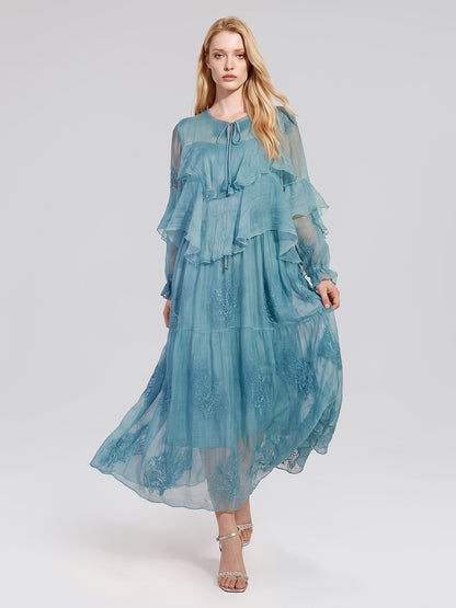 Washed Silk Floral Embroidered Dress