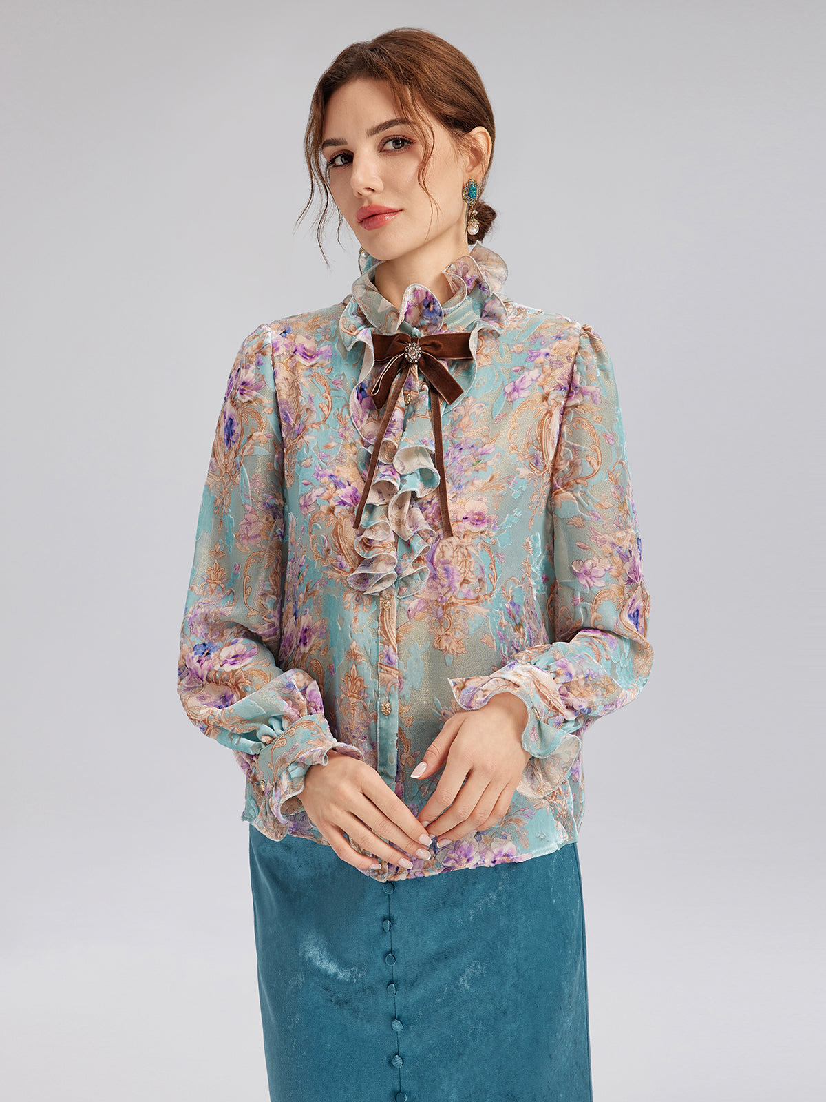 Silk Velvet Devoré Ribbon Bow Ruffle Blouse