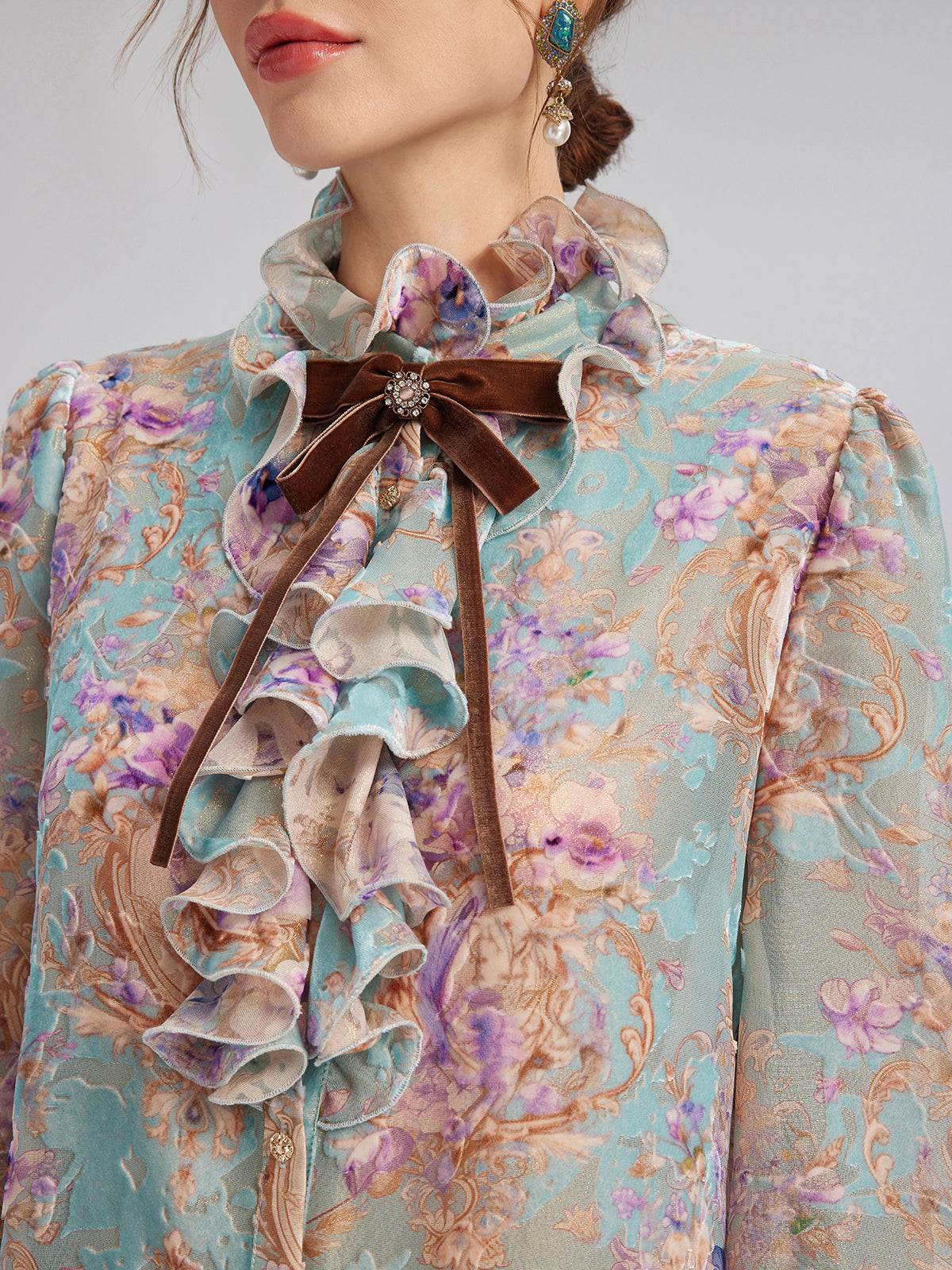 Silk Velvet Devoré Ribbon Bow Ruffle Blouse