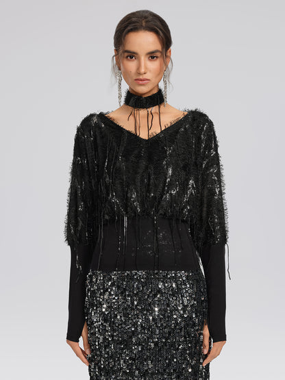Batwing Stretch Sequin Fringe Top
