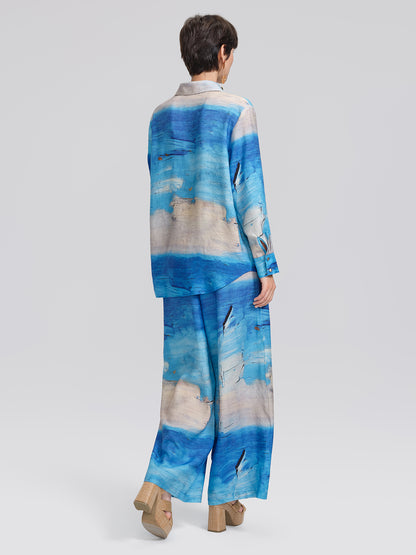 Blue Oil Painting Print Wide-Leg Pants