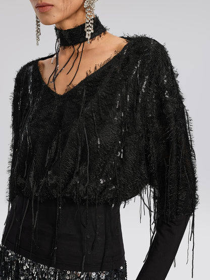 Batwing Stretch Sequin Fringe Top