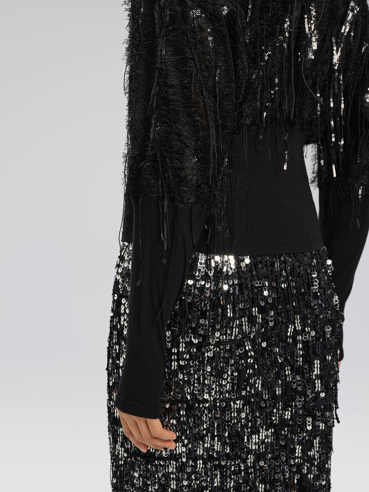 Batwing Stretch Sequin Fringe Top