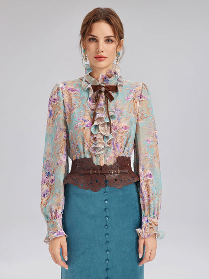 Silk Velvet Devoré Ribbon Bow Ruffle Blouse